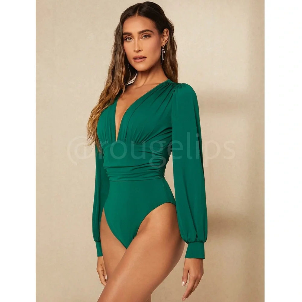 Green Elegant V neck Bodysuit Long Bishop Sleeves Stretchy Ruched Waist - Picture 2 of 8